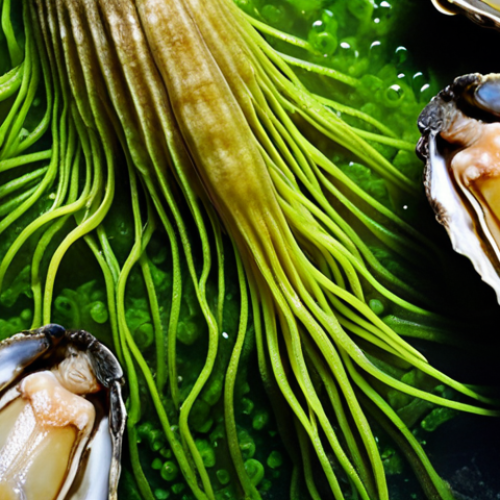 Home 4 **Image Prompt:** Microscopic algae bloom in ocean water, some algae with a visible, slightly ominous glow, shellfish (mussels, oysters, scallops) filtering the water around them, capturing the algae. Focus on the contrast between the beauty of the ocean and the hidden danger.