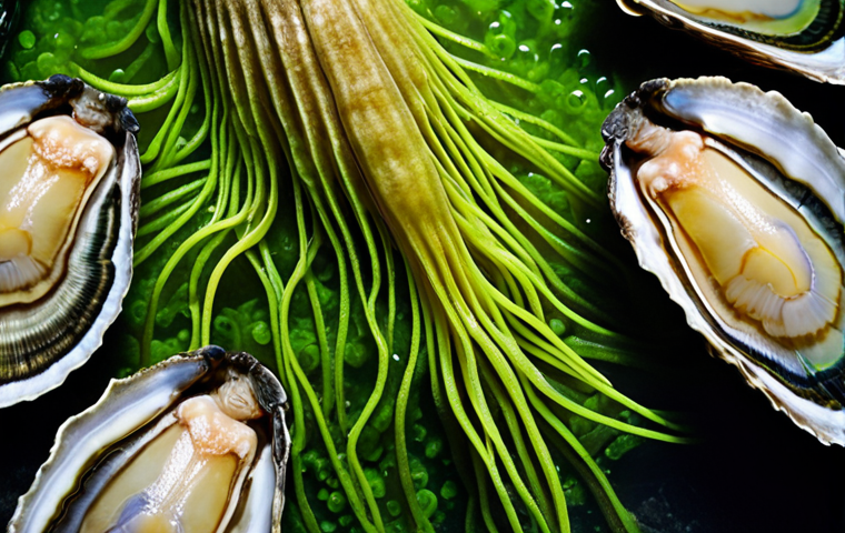 **Image Prompt:** Microscopic algae bloom in ocean water, some algae with a visible, slightly ominous glow, shellfish (mussels, oysters, scallops) filtering the water around them, capturing the algae. Focus on the contrast between the beauty of the ocean and the hidden danger.