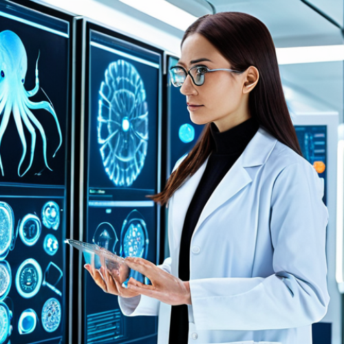 Home 25 A professional female scientist, fully clothed in a modest lab coat, stands in a brightly lit, futuristic bioengineering laboratory. She is intently observing a holographic display that projects a complex 3D rendering of an octopus's decentralized neural network, alongside conceptual designs for flexible, bio-inspired robotic arms. The lab features sleek, minimalist surfaces and advanced computer workstations, emphasizing cutting-edge scientific research and innovation. perfect anatomy, correct proportions, natural pose, well-formed hands, proper finger count, natural body proportions, professional photography, high quality, safe for work, appropriate content, fully clothed, professional.