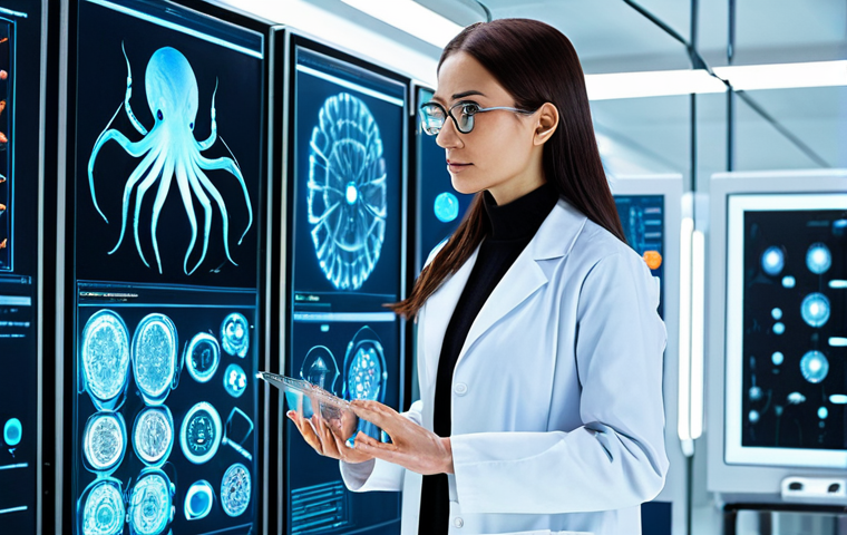 A professional female scientist, fully clothed in a modest lab coat, stands in a brightly lit, futuristic bioengineering laboratory. She is intently observing a holographic display that projects a complex 3D rendering of an octopus's decentralized neural network, alongside conceptual designs for flexible, bio-inspired robotic arms. The lab features sleek, minimalist surfaces and advanced computer workstations, emphasizing cutting-edge scientific research and innovation. perfect anatomy, correct proportions, natural pose, well-formed hands, proper finger count, natural body proportions, professional photography, high quality, safe for work, appropriate content, fully clothed, professional.