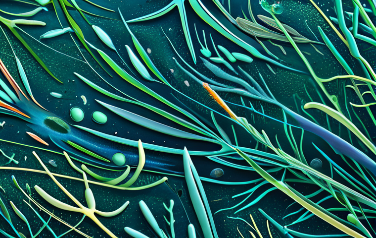 Microscopic Plankton World**

A vibrant, colorful image of various plankton species (phytoplankton and zooplankton) under a microscope. Diatoms, dinoflagellates, copepods, and krill are visible. The background is a blurred, abstract representation of ocean water. Emphasize the diversity and beauty of these microscopic organisms. Safe for work, appropriate content, fully clothed (as applicable to microscopic organisms), perfect anatomy (as applicable), natural proportions, professional scientific illustration, high quality.

**