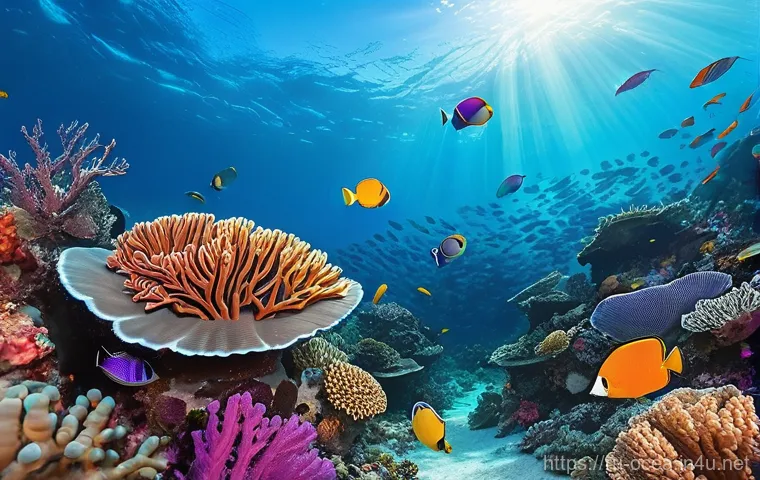 해양생태계 시뮬레이션 모델 - **Prompt:** A breathtaking underwater scene showcasing a vibrant, healthy coral reef teeming with di...
