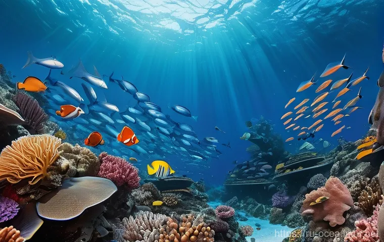 해양 생물 기후 적응 전략 - **Prompt:** "A vibrant, panoramic underwater scene depicting a mass migration of various marine spec...