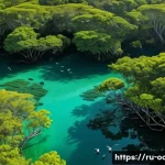 Home 10 연안 습지와 생물 다양성 - **Prompt:** "An enchanting, vibrant aerial view of a thriving tropical mangrove forest at the edge o...