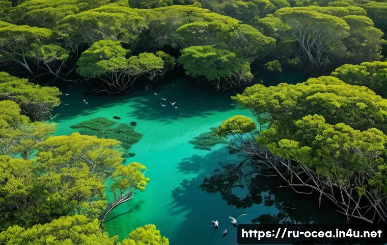 연안 습지와 생물 다양성 - **Prompt:** "An enchanting, vibrant aerial view of a thriving tropical mangrove forest at the edge o...