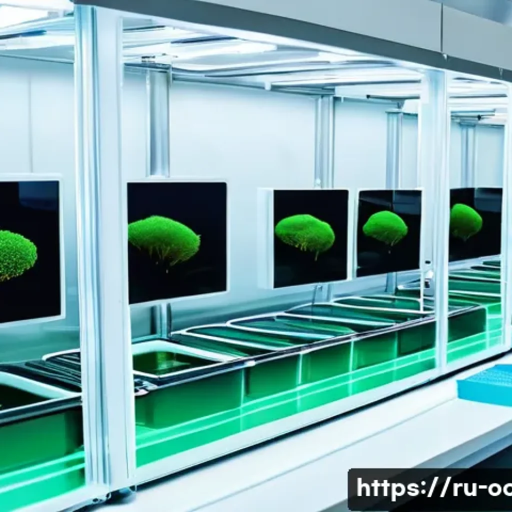 해양 박테리아의 산업적 응용 - A detailed scientific laboratory scene showcasing marine bacteria cultures in advanced bioreactors, ...