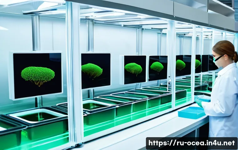 해양 박테리아의 산업적 응용 - A detailed scientific laboratory scene showcasing marine bacteria cultures in advanced bioreactors, ...