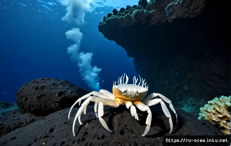Home 12 심해 저서생물과 온도 적응 - Photorealistic deep-sea seafloor scene showing a pale hydrothermal-vent crab and clustered tube worm...