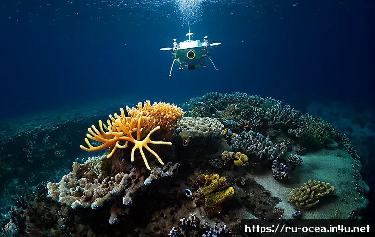 Home 14 심해 생물다양성 연구 - Photorealistic deep-sea biodiversity research scene, a compact remotely operated vehicle hovering ab...