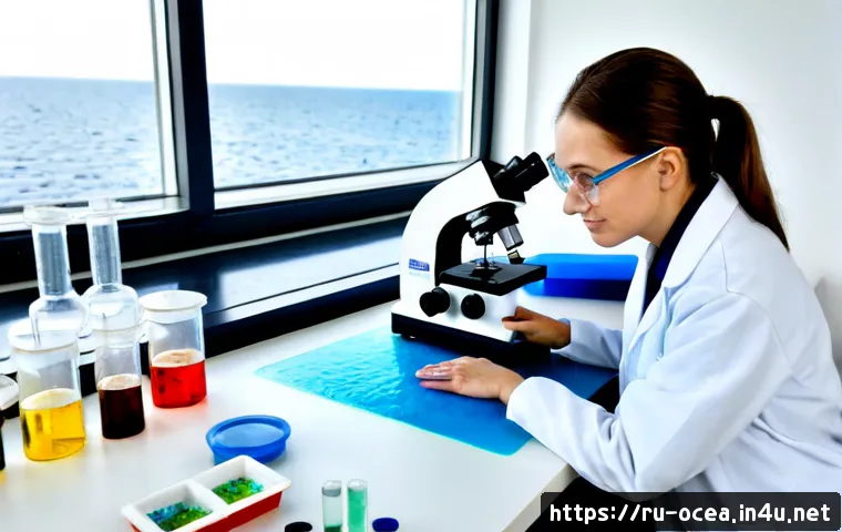 Home 16 해양미생물학 연구 - Photorealistic marine microbiology laboratory in a coastal Russian research institute, female scient...