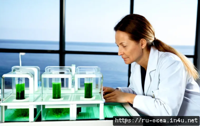 해양 광합성 미생물 활용 - Photorealistic marine biotechnology laboratory on the Russian Baltic coast, a middle-aged female sci...