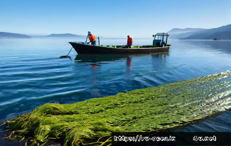 Home 17 해양 조류 Algae 와 산업적 활용 - Photorealistic coastal algae cultivation farm on the cold Russian Pacific shoreline, long orderly se...